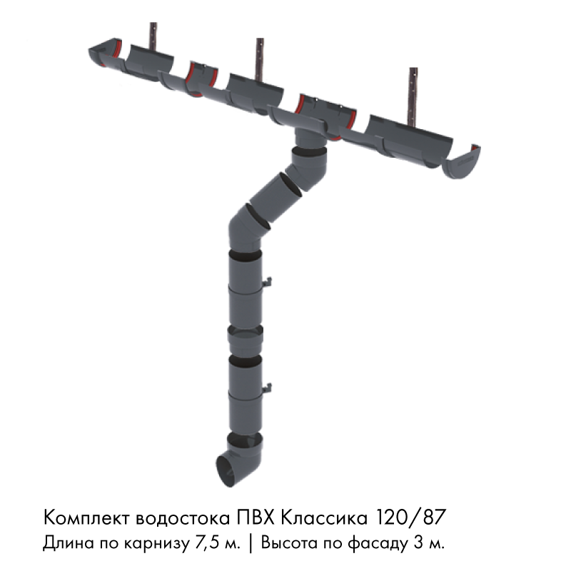 Комплект водостока 7,5 x 3 м. Grand Line ПВХ Классика 120/87 кронштейны металл Графит RAL7024